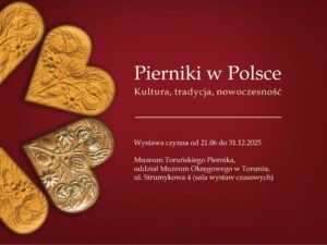 Plakat wystawy Pierniki w Polsce. Na czerwonym tle pierniki figuralne i podpis.